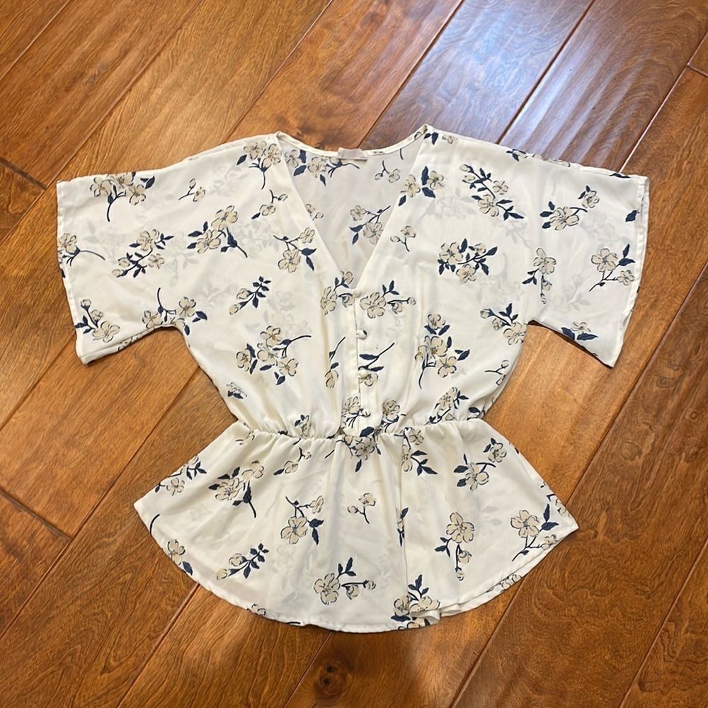 Sienna Sky Floral Print Flutter Sleeve Cinched Waist Button Front Blouse